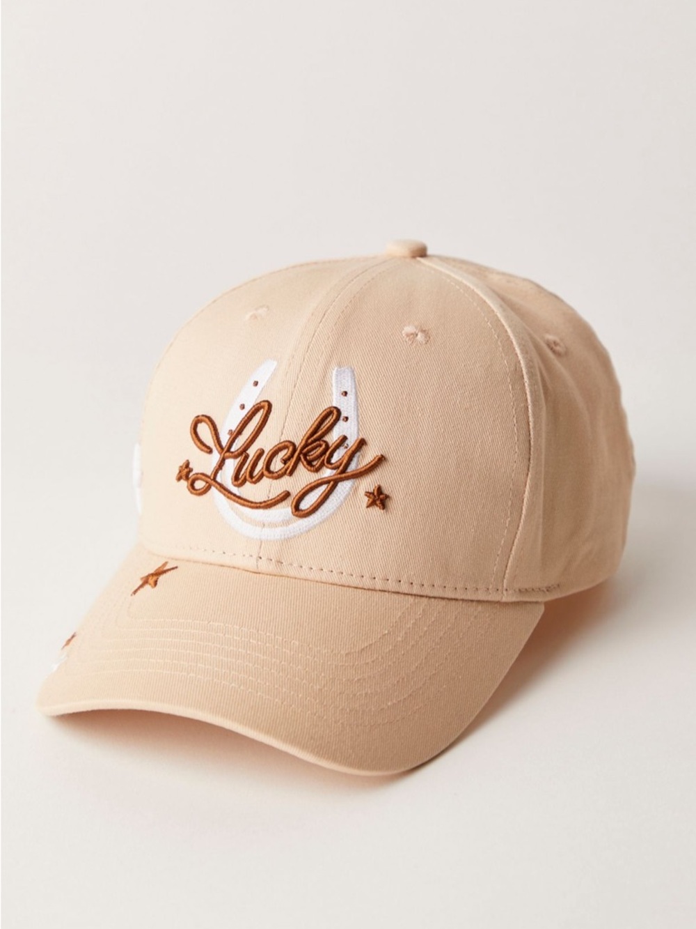 Free People Lucky Luck Baseball Hat Beige Lucky Embroidered Baseball Cap Beige